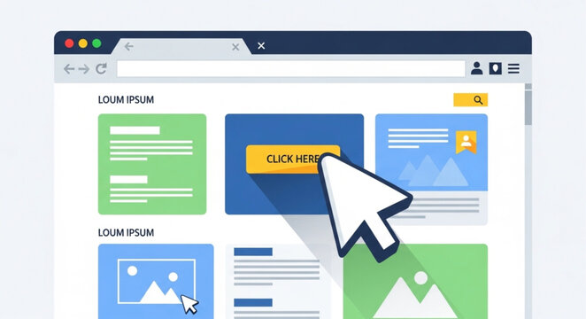 Website browser window showing a user interface with clickable buttons and content blocks.