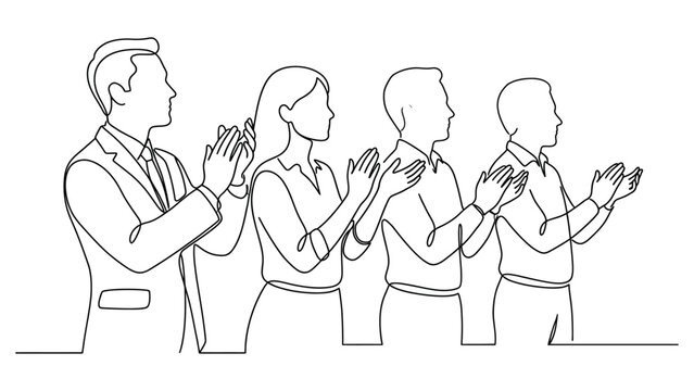 Continuous line drawing of business people applauding.