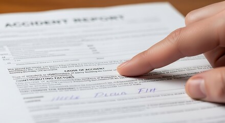 Obraz premium Finger pointing at accident report document for information.