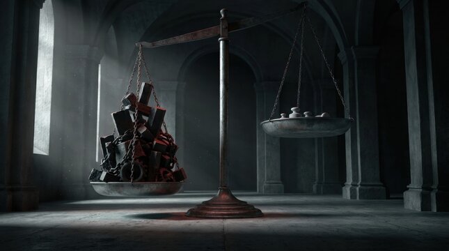Scales of Justice: An ancient scale balances heavy crosses against a nest of small birds, symbolizing a profound conflict between faith and innocence within a grand, dimly lit chamber.