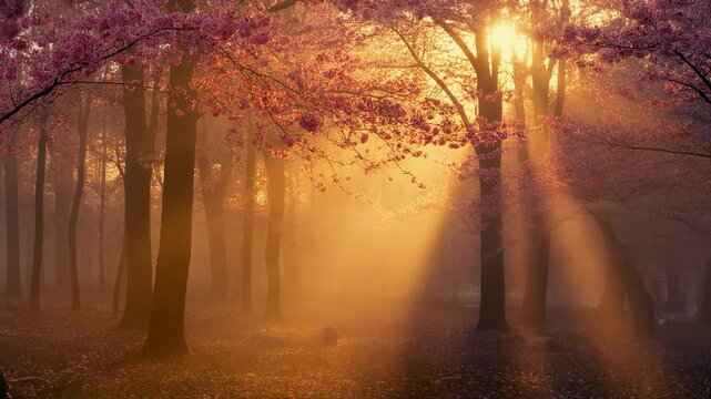 Golden Sunbeams Through Cherry Blossom Trees in Mist 4K Generative AI