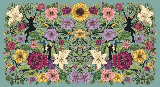 Whimsical floral pattern with dancing figures and vibrant blooms.