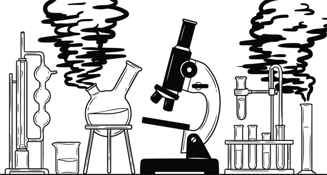 Vintage chemistry lab vector illustration with microscope test tubes smoke and scientific glassware for research background
