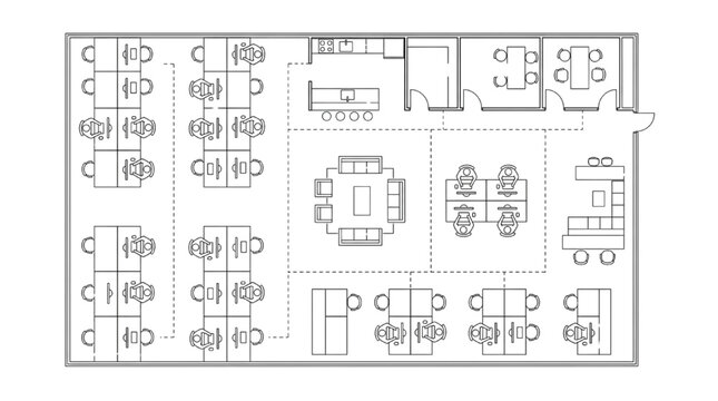 Line art 2D floor plan vector collection of office architecture entourage layout elements with top view workstations and pantry bar