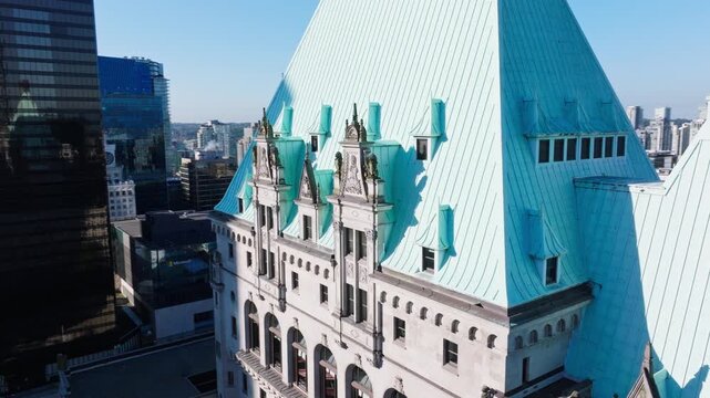 Close Aerial View Fairmont Hotel Vancouver Twin Turrets and Gothic Ch&acirc;teau Architecture British Columbia Canada