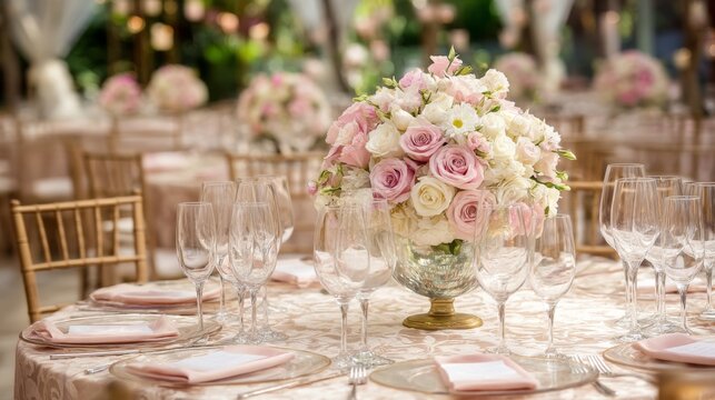 Elegant wedding reception setup with beautiful floral centerpiece, exquisite tableware, and a romantic atmosphere in a luxurious venue