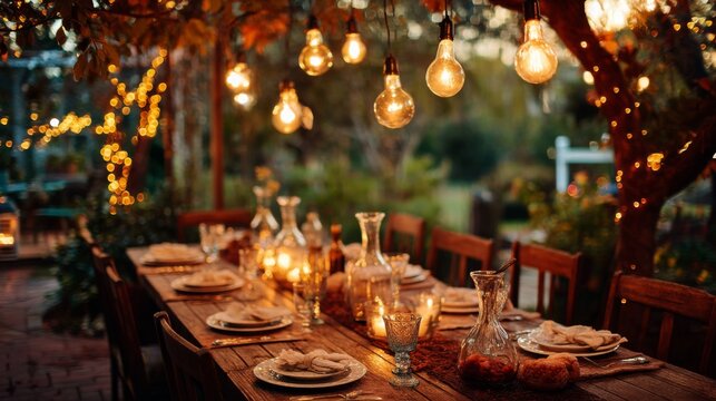Enchanting outdoor dinner setting illuminated by fairy lights and vintage bulbs, capturing a warm and inviting atmosphere perfect for gatherings