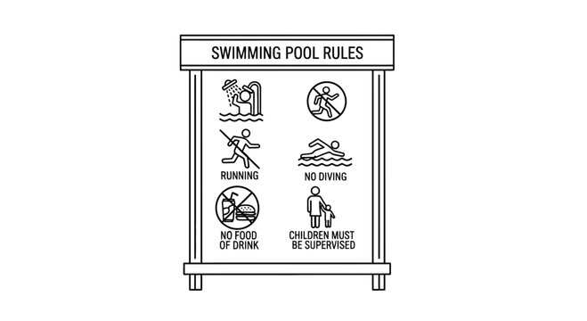 Swimming Pool Rules Sign with Icons: No Running, No Diving, No Food or Drink, Supervision Required