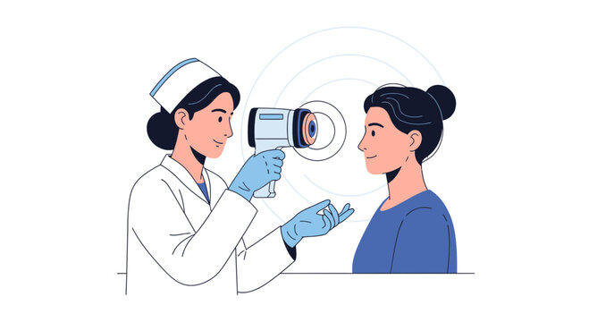 Medical checkup: Nurse uses non-contact thermometer on patient's forehead