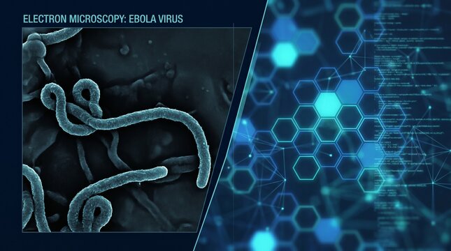 Electron microscopy 3D rendering of Ebola virus paired with a digital blue technology interface featuring glowing hexagons, network nodes, and computer code.