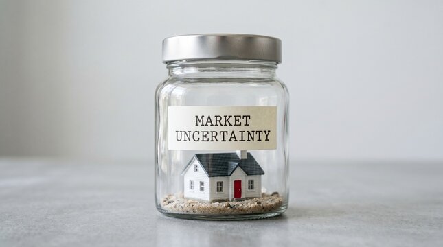 Miniature house encased in a jar symbolizing market uncertainty with sand background