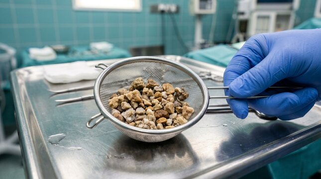 Medical professional holding a strainer with stones in a surgical environment under bright lighting