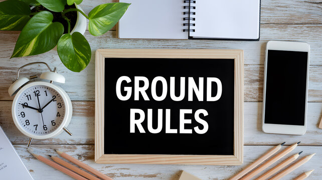 A chalkboard sign with ground rules on a desk with office supplies and a plant