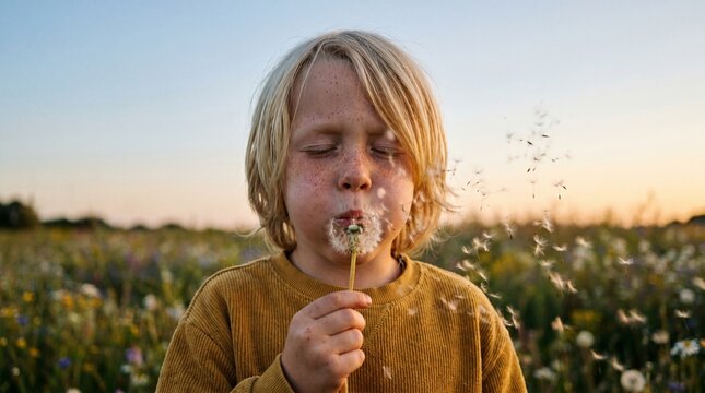 Child blowing dandelion seeds in a colorful meadow at sunset capturing the joy of nature