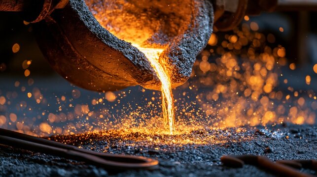 Dynamic shot of bright molten steel entering a sand mold sharp focus on liquid metal flow and sparks with motion blur on tongs and floor tools under dramatic highcontrast lighting.