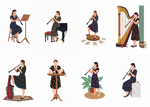 Collection of flat vector illustrations featuring a female oboe player in various musical settings, practicing and performing in a floral dress.