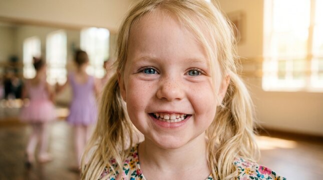 Close up portrait of a young girl in a dance studio with soft natural lighting