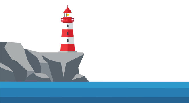 Red and White Striped Lighthouse on Rocky Cliff Overlooking the Blue Sea Illustration