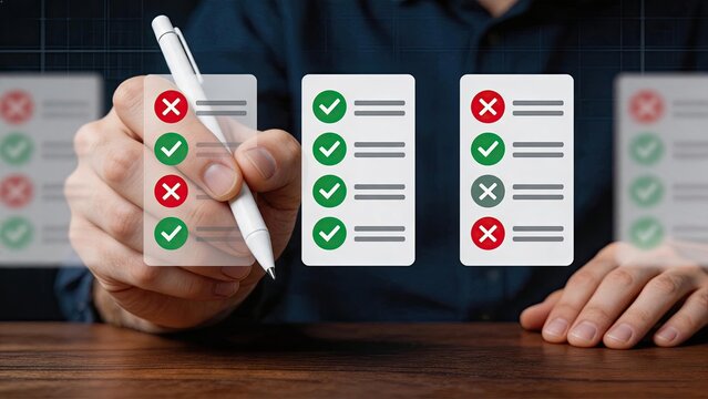 Hand checking list with green ticks and red crosses, evaluation form and survey questionnaire concept, assessment audit checklist for approval or rejection decision making process