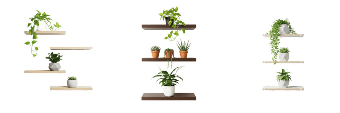 Potted Plants on Floating Shelves PNG Clipart Set &ndash; Transparent Background Wooden Wall Shelf with Hanging Vines, Succulents, and Houseplants Bundle for Interior Design Graphics and Home Decor Sublimat
