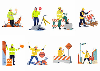 Fototapeta premium Set of flat vector illustrations depicting emergency responders and traffic controllers in high-visibility uniforms managing disaster sites, road closures, and detours.