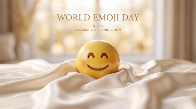 Smiling yellow emoji on white fabric world emoji day july 17