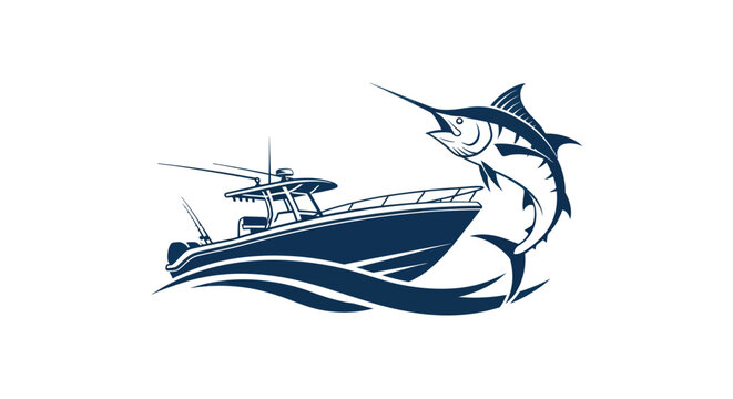 Sport Fishing Boat with Marlin Jumping Out of Water, Dynamic Ocean Scene