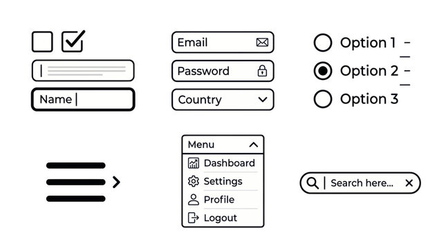 Website UI Elements - Forms, Buttons, Menus, Checkboxes, Radio Buttons, Search Bar