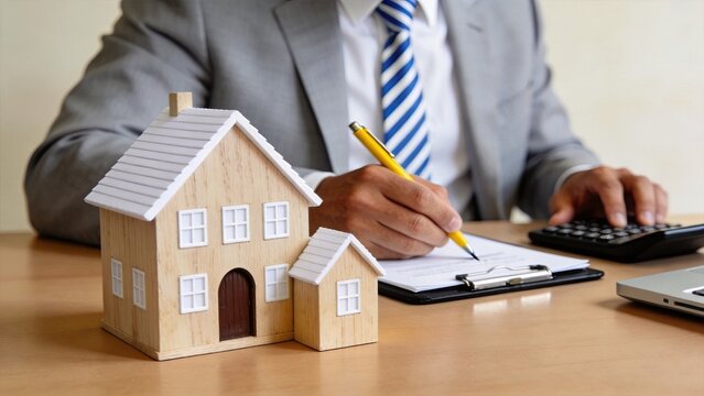 Real estate agent calculating mortgage payments with calculator while signing property contract beside wooden house model, home buying process and realty investment documentation