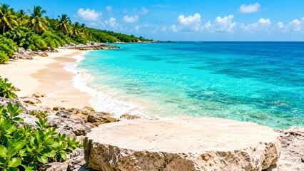 Fototapeta premium Tropical Paradise Beach breathtaking view of a pristine tropical beach with crystal-clear turquoise waters, white sand, lush green palm trees.