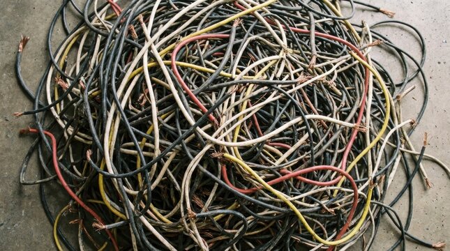 Tangled Wires: A messy pile of electrical wires, a jumble of various colors and gauges, suggests disarray and the need for organization.