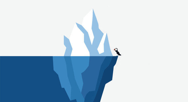 Minimalist illustration of a polar iceberg with underwater view and a puffin bird standing on the edge
