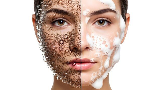 Before and after comparison of facial skin with cleansing foam, showcasing effective skincare results and fresh complexion