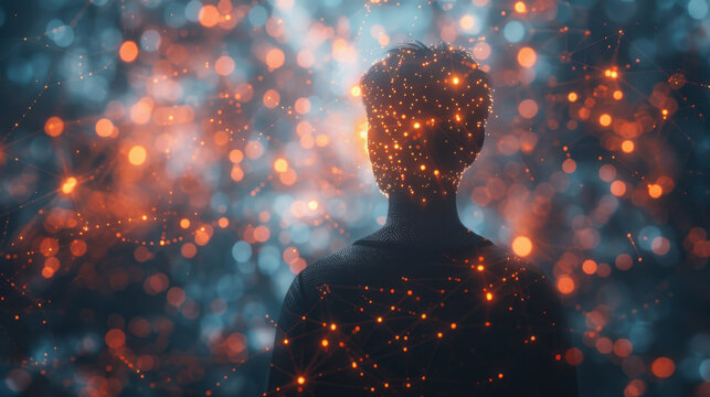 Human Silhouette Gazing at Floating Lights in Abstract Background