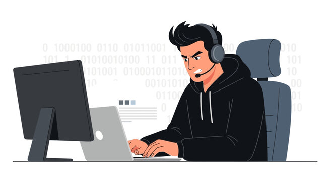 Focused programmer working on laptop and desktop computer with binary code background
