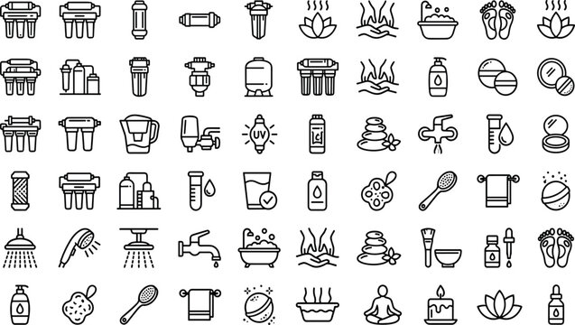 Water purification filtration systems and spa wellness therapy line icons set including filters, reverse osmosis, massage, beauty care, cosmetics, and relaxation symbols.