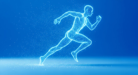 Obraz premium Digital representation of a human figure running made of glowing particles