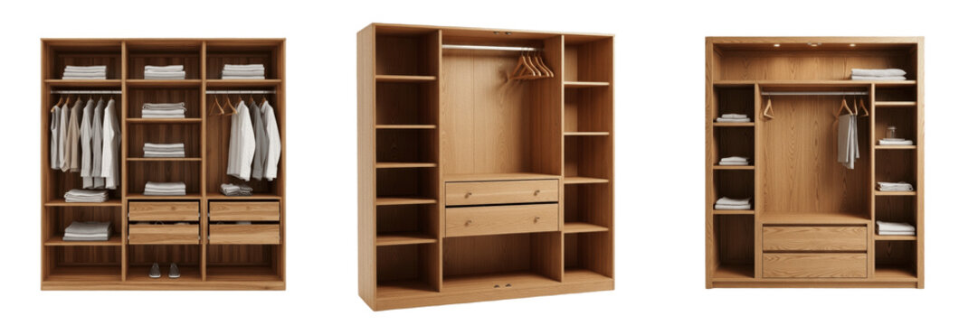 Set of Empty and Organized Wooden Wardrobe Closets Isolated on White Background, Modern Custom Cabinetry for Bedroom Storage and Interior Design, Professional Furniture PNG Graphic Elements for Archit