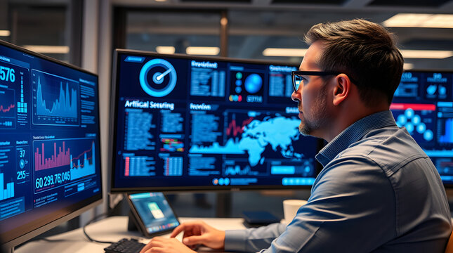 Professional cybersecurity analyst monitoring global network security data and digital infrastructure threats on large high tech computer screens in a dark office