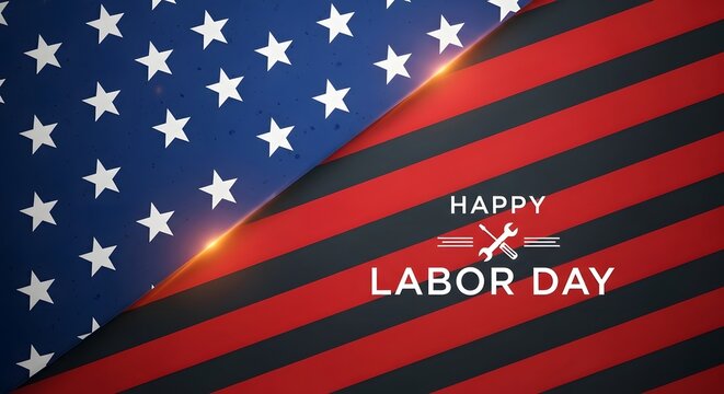 Labor Day Happy Labor Day typographic greeting featuring a wrench icon on a divided American flag pattern background design