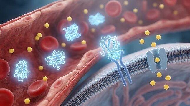 Ultra realistic 3D educational illustration of insulin inside human body detailed insulin molecules interacting with cells and glucose particles in bloodstream realistic biological environment advance