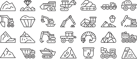 Construction Equipment Icons Set with Outline Vehicles, Dump Trucks, Mining Machines and Nuclear Hazard Symbols © md