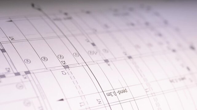 Selective focus of the process of printing an architectural plan with technical details on a plotter
