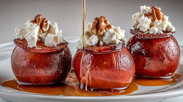 Honey drizzled roasted pears with cheese and walnuts vegetarian culinary delicious