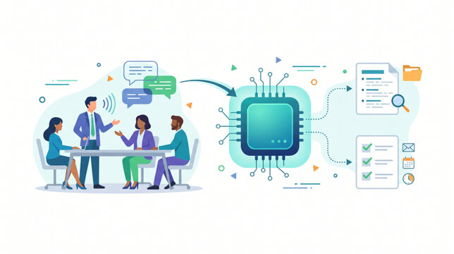 AI voice assistant transcribes and analyzes business meeting discussions into automated documents