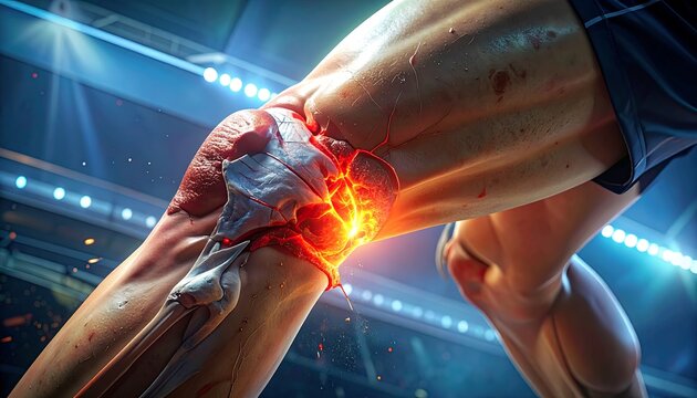 Artistic depiction of a severely injured knee with exposed tissue, vibrant lighting, and stadium