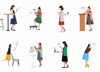 Fototapeta premium Flat Vector Illustrations of Women Using Digital Devices for Communication and Work in Modern Lifestyle Settings