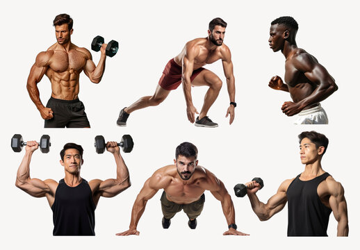 Diverse Men Showcasing Fitness Strength Element Design Set