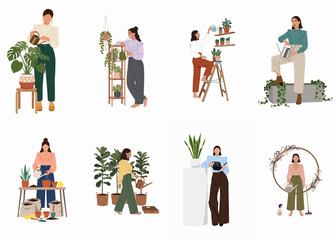 Set of flat illustrations featuring stylish women caring for houseplants, including watering, potting, and arranging various indoor greenery. © Arto