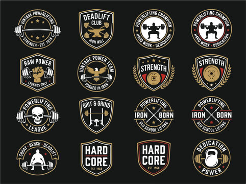Vintage powerlifting emblems vector illustration